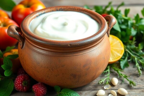 Clay pot of yogurt with fruits and herbs on table.