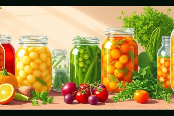 Colorful fermentation jars with fresh vegetables and herbs.