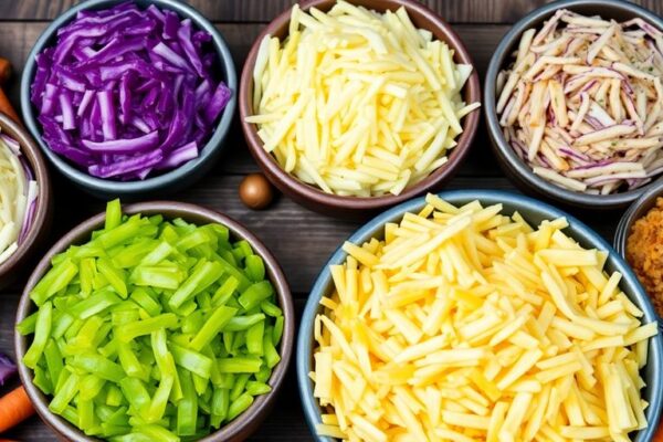 Assorted bowls of colorful sauerkraut varieties with ingredients.