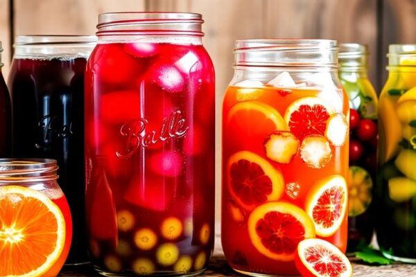 Colorful array of fermented beverages in glass jars.