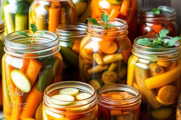 Colorful jars of lactic acid fermented pickles on display.