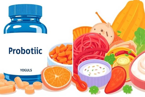 Illustration of probiotics and various fermented foods.