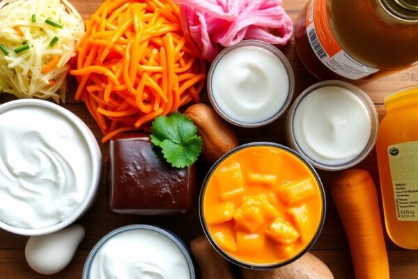 Variety of colorful fermented foods on a wooden table.