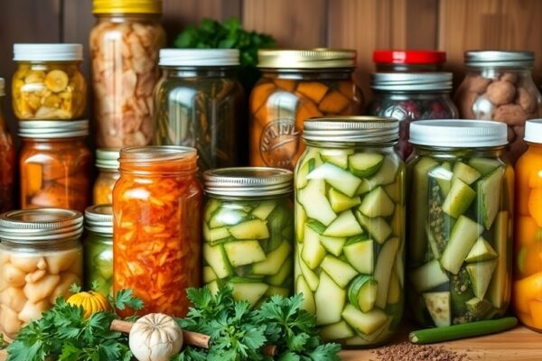 Colorful jars of fermented foods on a wooden countertop.