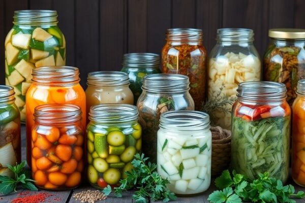 Jars of colorful fermented foods on a wooden table.