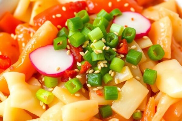 Bowl of colorful homemade kimchi with vegetables.