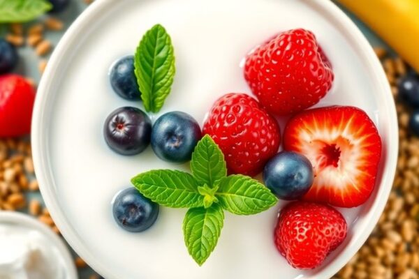 Bowl of kefir with berries and mint leaves.