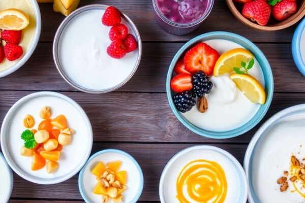 Colorful kefir dishes with fruits and nuts.