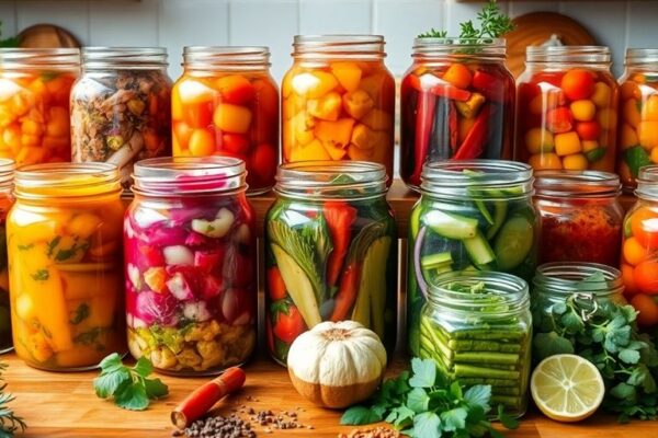 Colorful jars of fermenting vegetables on a countertop.