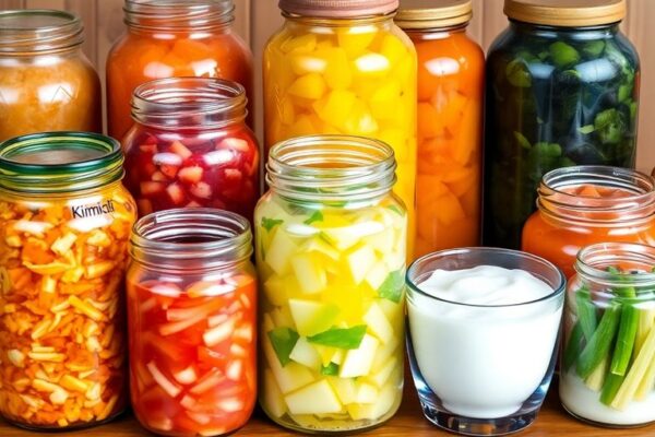 Variety of fermented foods in jars on a table.