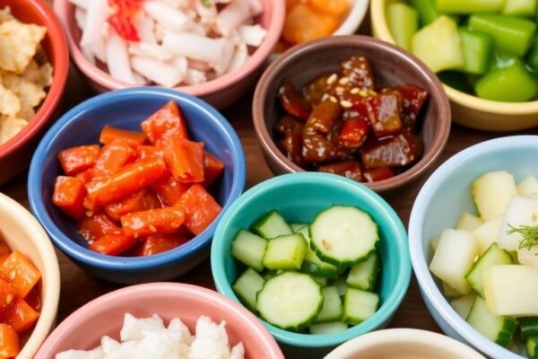 Various colorful kimchi types in bowls.