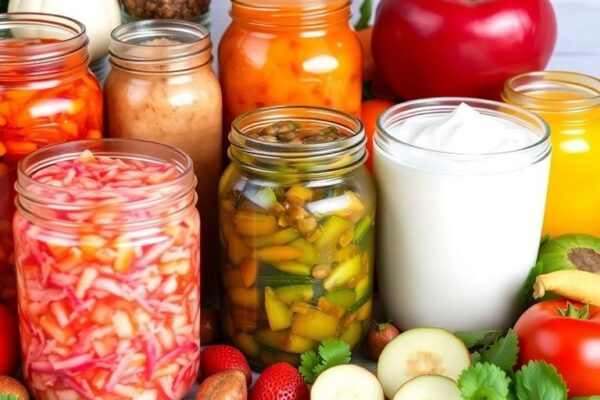 Colorful fermented foods in jars with fresh vegetables.