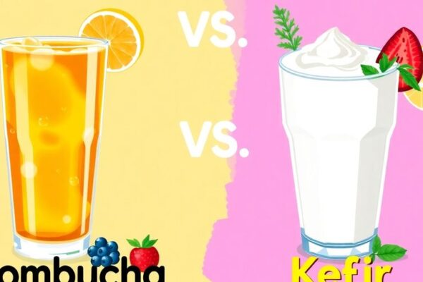 Illustration of kombucha and kefir drinks with fruits.