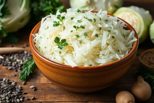 Bowl of fresh sauerkraut with herbs on wooden table.