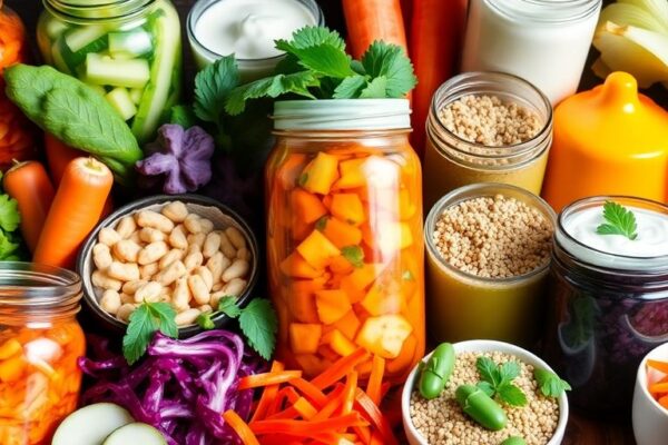 Colorful array of fermented foods for gut health.