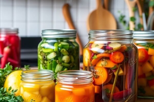 Colorful jars of fermented vegetables in a kitchen setting.