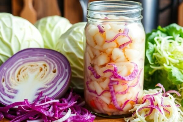 Fresh cabbage and fermenting sauerkraut in glass jar.