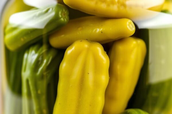 Jar of assorted pickles with vibrant green colors.