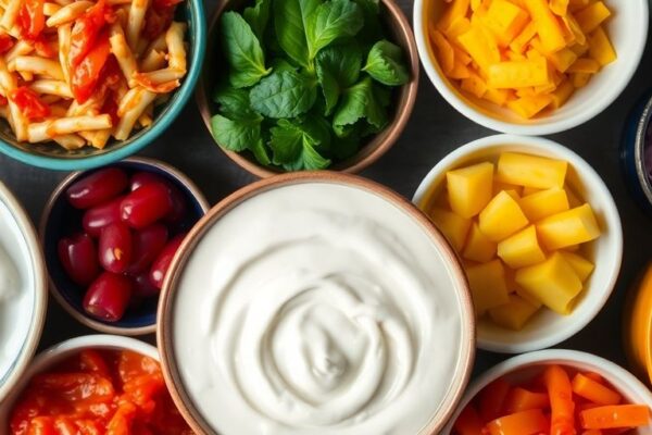 Colorful bowls of various fermented foods like kimchi.