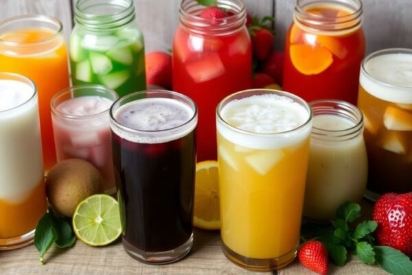 Assortment of colorful fermented drinks on a table.