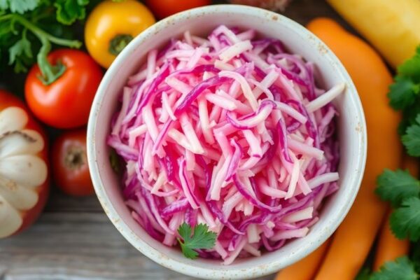 Colorful bowl of sauerkraut with fresh vegetables.