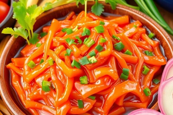 Colorful kimchi dish with vegetables on a table.